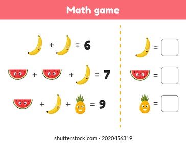 Vector illustration. Math game for preschool and school age children. Count and insert the correct numbers. Addition. Fruits.