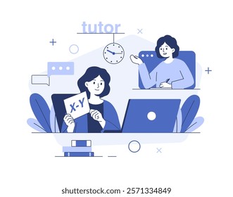 Vector illustration of a math tutor sitting in front of a laptop and holding a card with X-Y written on it. The student is listening attentively to the tutor and taking notes. Online education at home