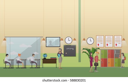 Vector illustration of mathematics teacher with school kids at the lesson. Locker. School office, education concept design element in flat style.