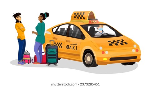Vector illustration of mather and daughter which going to go on a taxi on holiday. Taxi Driver with medical mask wait the family near. Parent and their child.