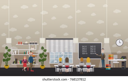 Vector illustration of maths teacher pointing at chalkboard, school children sitting at desks, father taking his daughter to school, classroom interior with furniture and supplies. Flat style design.