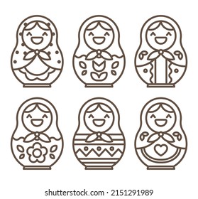 Vector illustration of a matryoshka isolated on white background. Traditional russian nesting doll linear pictograms. Icon set. Editable stroke