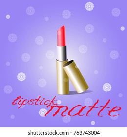 Vector illustration of matte red lipstick in glamour golden tube on blue background with snowflakes and handwritten text "matte lipstick"  - for elegant sexy look 
