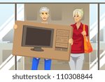 A vector illustration of a mature couple buying a big screen television