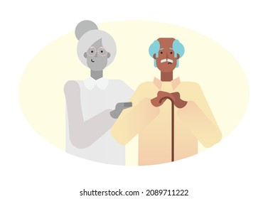 Vector illustration of mature couple male and female in an oval frame. Woman depicted black and white, as deceased.  Death of husband's wife, widower, divorce concept.