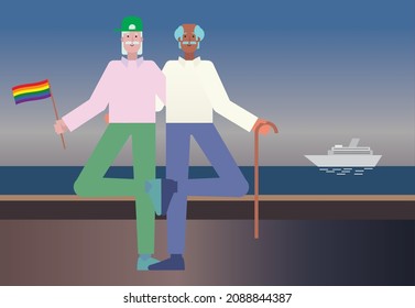 Vector illustration of mature gay couple standing on the shore by the sea happily smiling. Flat character design