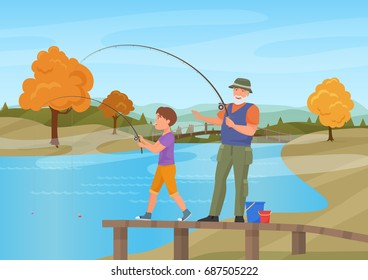 Vector illustration of mature man standing on pier with boy grandson and fishing. Autumn summer background.