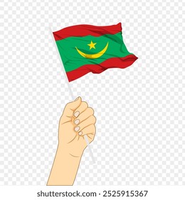 Ilustración vectorial de la bandera de Mauritania en la mano sobre fondo transparente