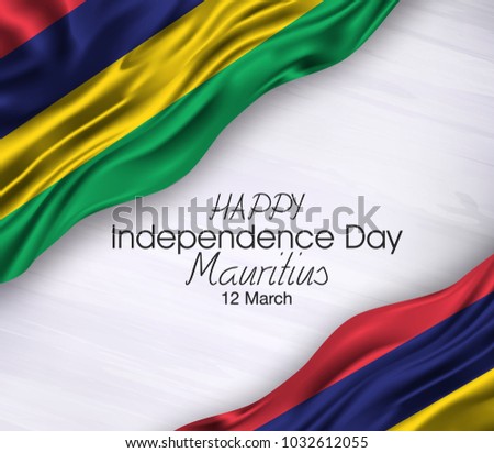 Vector illustration of Mauritius Happy Independence Day 12 March. Waving flags isolated on gray background.