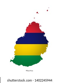 Vector illustration with Mauritius national flag with shape of Mauritius map. Red, blue, yellow, green colors. Volume shadow on the map