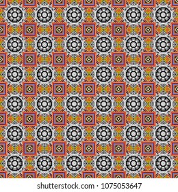 Vector illustration. Maximal element tiles geometric seamless pattern in blue, gray and brown colors. Seamless background.
