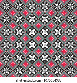 Vector illustration. Maximal element tiles geometric seamless pattern in red, gray and green colors. Seamless background.