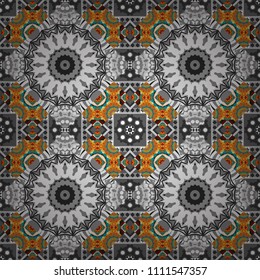 Vector illustration. Maximal element tiles geometric seamless pattern in orange, gray and white colors. Seamless background.