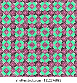 Vector illustration. Maximal element tiles geometric seamless pattern in gray, magenta and green colors. Seamless background.