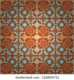 Vector illustration. Maximal element tiles geometric seamless pattern in blue, magenta and orange colors. Seamless background.