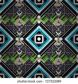 Vector illustration. Maximal element tiles geometric seamless pattern in white, black and blue colors. Seamless background.