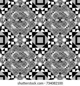 Vector illustration. Maximal element tiles geometric seamless pattern in black, white and gray colors. Seamless background.