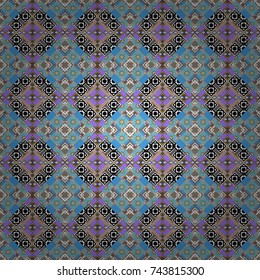 Vector illustration. Maximal element tiles geometric seamless pattern in blue, white and black colors. Seamless background.