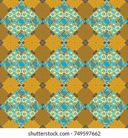 Vector illustration. Maximal element tiles geometric seamless pattern in brown, blue and orange colors. Seamless background.