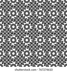Vector illustration. Maximal element tiles geometric seamless pattern in white, gray and black colors. Seamless background.