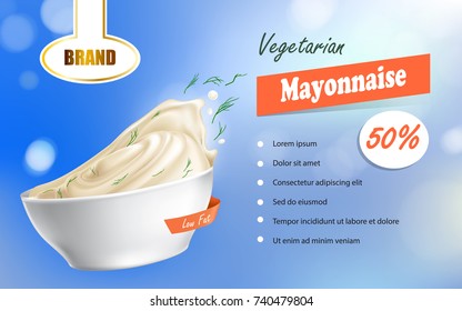 Vector illustration of a mayonnaise brand in a plate with a low fat content and text next to it in a realistic style. Advertisement, sample, template.