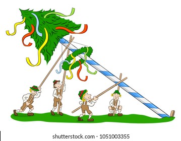 vector illustration of a maypole being set up by strong men