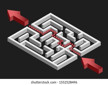Vector illustration maze arrow red 3d exit point correct clue out of a confusing situation, solving a question