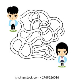 vector illustration of a maze for children. Maze with a boy a schoolboy who is looking for a girl a schoolgirl