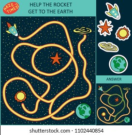 Vector illustration of maze for children. Preschool space activity. Puzzle game with the Earth, star, space ship or rocket, the Sun in cartoon style