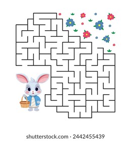 Vector illustration. Maze game for children. Help the rabbit with the basket find the way to the meadow with flowers.