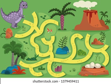 Imagen vectorial del juego del laberinto con tema de dinosaurios. Puedes ayudar al dinosaurio a encontrar los huevos. 