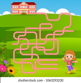 vector illustration of Maze game template with girl go to school