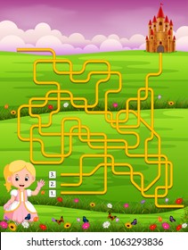 vector illustration of Maze game template with princess and castle background