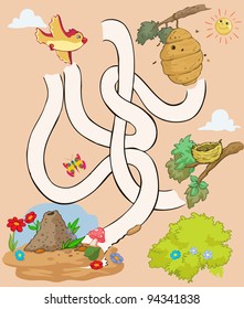 Vector illustration, maze, help the bird reach her house, card concept.