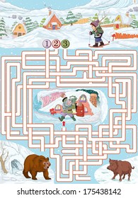 Vector illustration, maze, help the boy to reach the dwarf house, card concept.