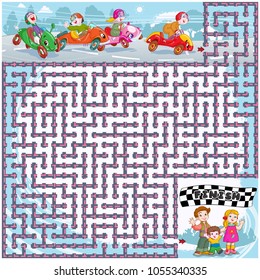 Vector illustration, maze, help the cars reach the finish point, card concept.