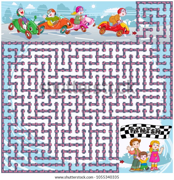 Vector illustration, maze, help the cars reach\
the finish point, card\
concept.