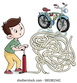 Vector illustration, maze, help the kid inflate his bike wheels, card concept.