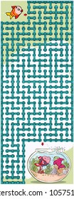 Vector illustration, maze, help the little fish return to his fish friends, card concept.