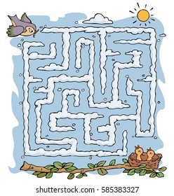 Vector illustration, maze, help the little bird feed her cubs, card concept.