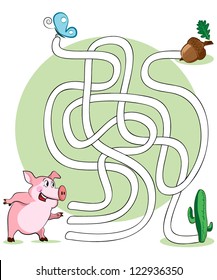 Vector illustration, maze, help the pig reach her nuts, card concept.