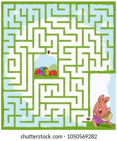 Vector illustration, maze, help the rabbit reach the Easter eggs, card concept.
