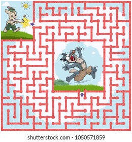 Vector illustration, maze, help the rabbit find the way to the wolf, card concept.