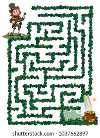 Vector illustration, maze, help St. Patrick reach the pot with gold coins, card concept.