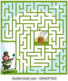 Vector illustration, maze, help St. Patrick reach the pot with gold coins, card concept.