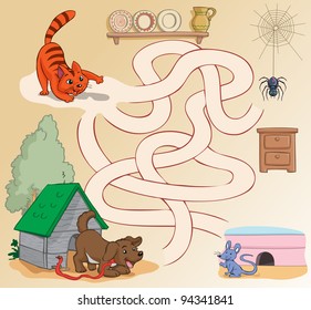 Vector illustration, maze, how the cat can reach the mouse, card concept.