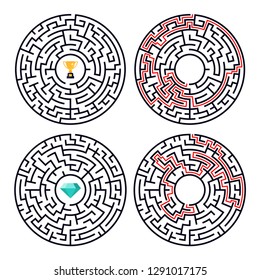 Vector illustration of maze labyrinth with award and diamond in flat style.
