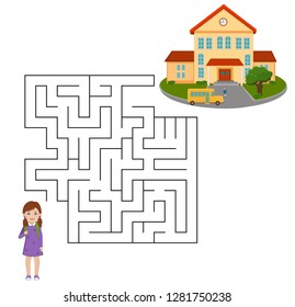 Vector illustration of a maze (labyrinth) educational game with girl-cartoons.