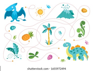 Vector illustration of maze (labyrinth) educational game. Dino maze for children. Animals vector. Logical game. Kids drawing. Game for Preschool