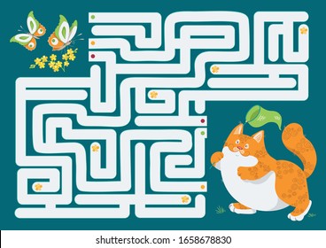 Vector illustration of maze (labyrinth) educational game. Cat maze for children. Animals cartoon. Logical game